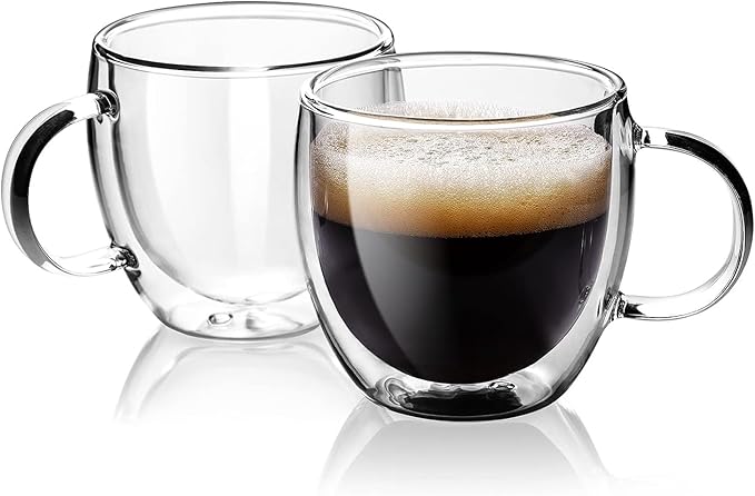 Espresso Cups Set Of 2 5 Oz, Double Walled Glass Coffee Mugs with Handle,Insulated Layer Coffee Cups,Clear Borosilicate Glass Mugs,Perfect for Cappuccino,Tea,Latte,Espresso,Hot Beverage,Wine - Bloomnest