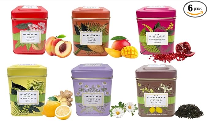 Premium USDA Organic Ceylon Tea Sampler Set - 6 Flavors, 50 Bags Per Tin (300 Total) Variety Pack Non-GMO, Herbal, Fruity, Green & Black, Caffeinated & Decaffeinated - Bloomnest