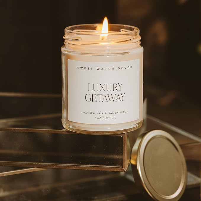 Sweet Water Decor Luxury Getaway Scented Candles - Soy Candles with Lemon, Cedarwood, Cinnamon, Vetiver, Amber & Musk Home Scent - Candle Wax with 40 Hours Burn Time - 9Oz Gold Lid Clear Jar Candles - Bloomnest
