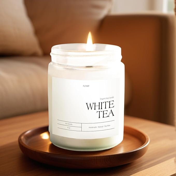 White Tea Candles for Home Scented, Natural Soy Wax Aromatherapy Non Toxic Scented Candle, Handmade Highly Scented & Long Lasting Jar Candle for Stress Relief, Relaxation, Holiday Gifts (9oz) - Bloomnest