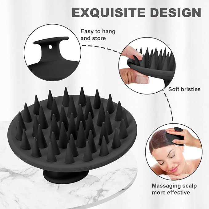 Meartchy Silicone Scalp Massager Shampoo Brush, Scalp Brush for Hair Growth & Dandruff Removal, Hair Scrubber Scalp Stimulator Exfoliator Brush with Soft Bristles for Wet Dry Scalp Care (Black) Meartchy