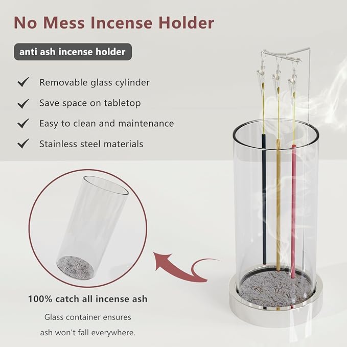 Incense Holder Ash Catcher - Upside Down Glass Incense Holder for Sticks, Reverse Inverted Anti Ash No Mess Insence-Stick Holder, Modern Metal Vertical Incense Burner for Room Decor, Silver - Bloomnest