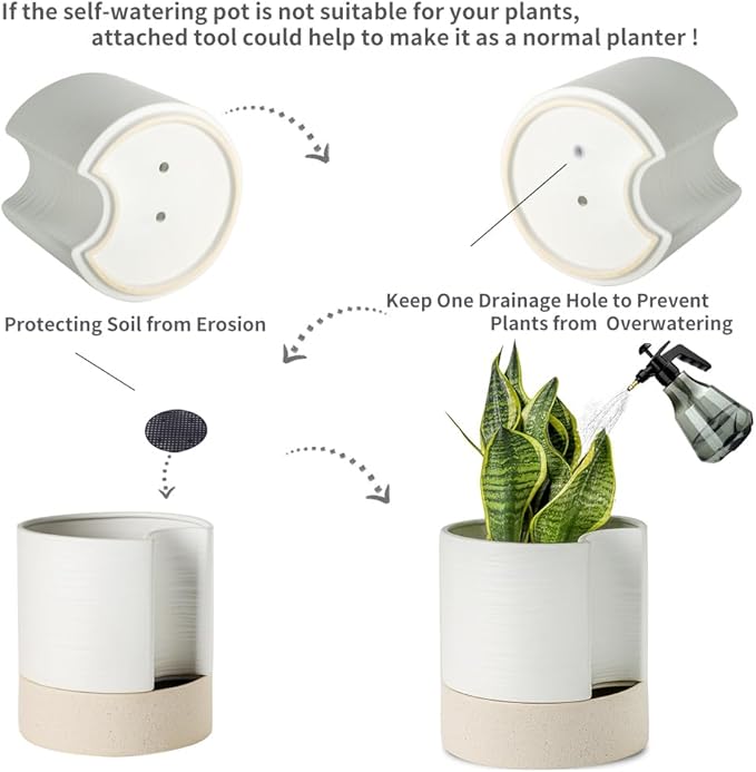Nihow Self Watering Plant Pot: 8 Inch Ceramic Planter with Drainage Hole & Water Storage Plus for Indoor & Outdoor Plants - Cylinder Round Flower Pot for Succulent/Herbs/Violets - White & Brown - Bloomnest