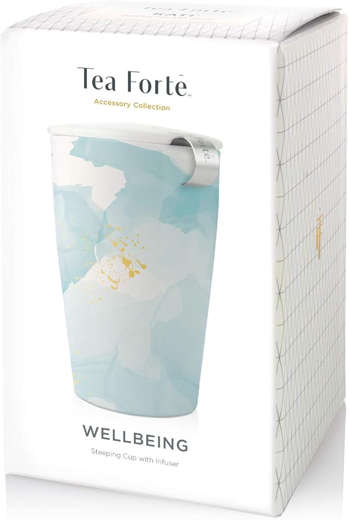 Tea Forte Double-Walled Ceramic Kati Cup, Removable Stainless Steel Infuser Basket and Lid, Steeps 12 oz Loose Leaf Tea, Dishwasher & Microwave Safe, Wellbeing - Bloomnest