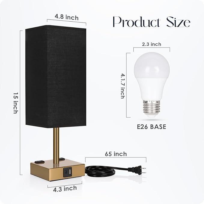 Bedside Lamp with USB Ports - Touch Control Table Lamp for Bedroom with USB C+A Charging Ports & AC Outlets, 3 Way Dimmable Nightstand Light for Living Room (LED Bulb Included, Brass - Black) - Bloomnest