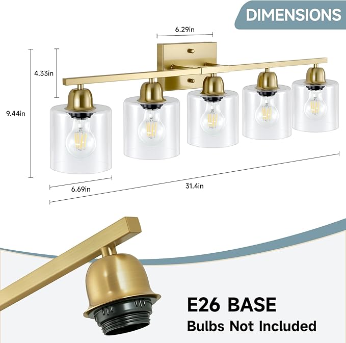 Modern Brushed Gold 5 Light Bathroom Vanity Light,31 inch Vanity Lights for Bathroom with Clear Glass for Mirror Kitchen Living Room Hallway Cabinet Porch - Bloomnest