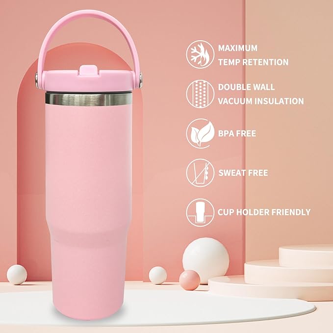 30 oz Tumbler Bulk with Top Handle, Double Wall Vacuum Insulated Tumbler with Flip Straw, Travel Coffee Mug 30oz Powder Coated Cup for Laser Engraving (Pink,8 pack)