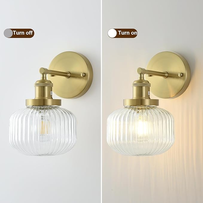 Vintage Wall Sconces with Clear Pumpkin Glass Lampshade, Indoor Bath-Room Wall Sconce, Modern Gold Industrial Lighting Fixture for Mirror Living Room Hallway 1 Pack - Bloomnest
