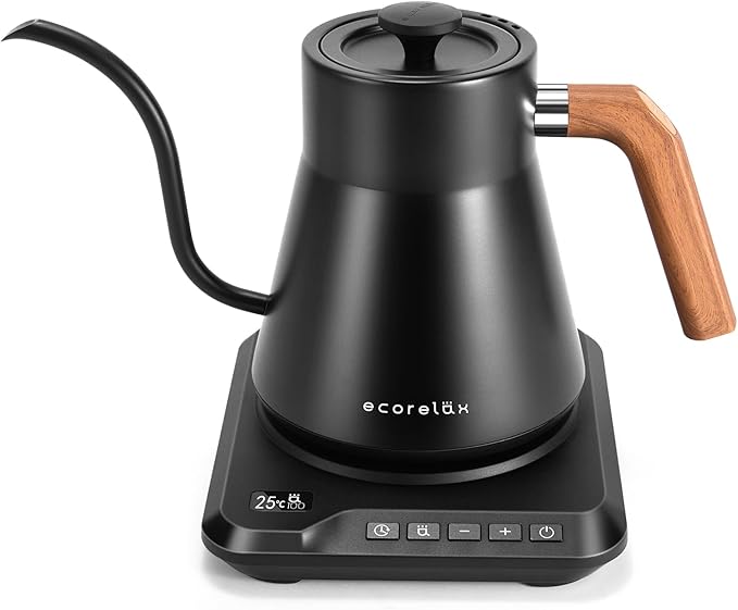 ECORELAX Gooseneck Electric Kettle, ±1℉ Temperature Control Pour Over Kettle for Coffee, Tea & Water, Stainless Steel 1200 W Keep Warm OLED Display 1 L (Black) - Bloomnest