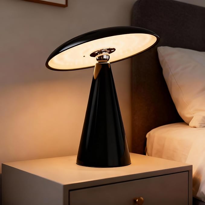 Mushroom Aesthetic Cute Lamp,Magnetic Mid Century Modern Lamp with 3-Mode Lighting for Unique Home Mushroom Decor,Cordless USB Rechargeable Lamps for Bedside/Dorm/Office/Entryway Decor(Black) - Bloomnest