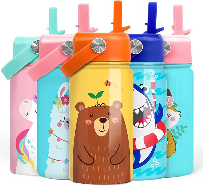 SANDJEST Bear Water Bottle - Kids Water Bottle with Straw Lid - 12 Oz Insulated Stainless Steel Water Bottles for Kid Boys - Travel Cup for School Sports - Bloomnest