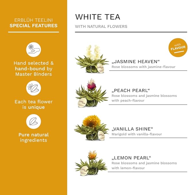 Creano Blooming Tea - Teelini Flowers in Cup Size - Gift Set in Wooden Box - 12 Pcs in 4 Varieties - White Tea - Bloomnest