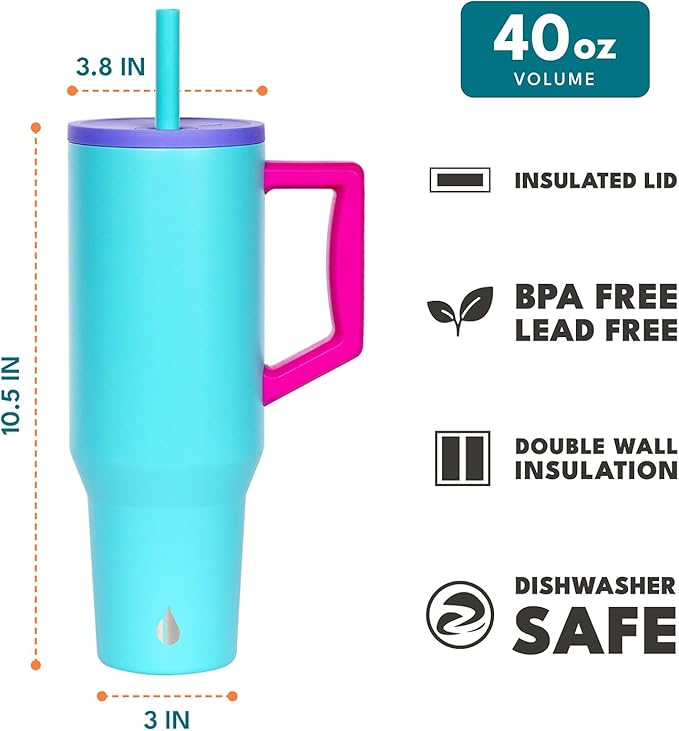 Elemental 40 oz Tumbler with Handle and Straw - Spill Proof Insulated Stainless Steel Commuter for Hot and Cold Beverages - Travel Coffee Mug with 2 Straws & Spill Proof Lid - 40oz - Blue Tie Dye - Bloomnest