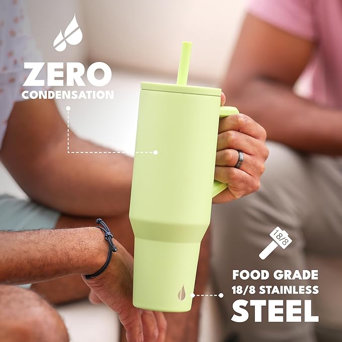 Elemental 40 oz Tumbler with Handle and Straw - Spill Proof Insulated Stainless Steel Commuter for Hot and Cold Beverages - Travel Coffee Mug with 2 Straws & Spill Proof Lid - 40oz - Key Lime - Bloomnest