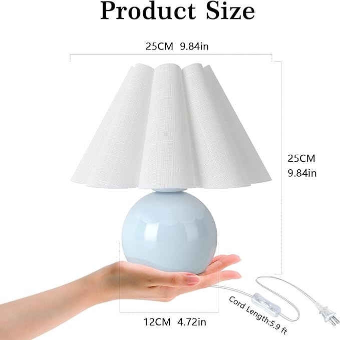 Light Blue Small Bedside Mini Table Lamp for Bedroom, Cute Bedroom Lamps for Nightstand, Cute Mini Table Lamps for Small Spaces with Scalloped Shade for Kitchen Counter, Bookshelf, Kids Dorm, Office - Bloomnest