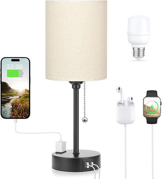 Beige Small Lamps 3 Levels Brightness - 3000K 4000K 5000K Bedside Lamps with USB C and A Ports, Pull Chain Table Lamps with AC Outlet, Nightstand Lamps with Black Metal Base for Bedroom Kids Reading - Bloomnest