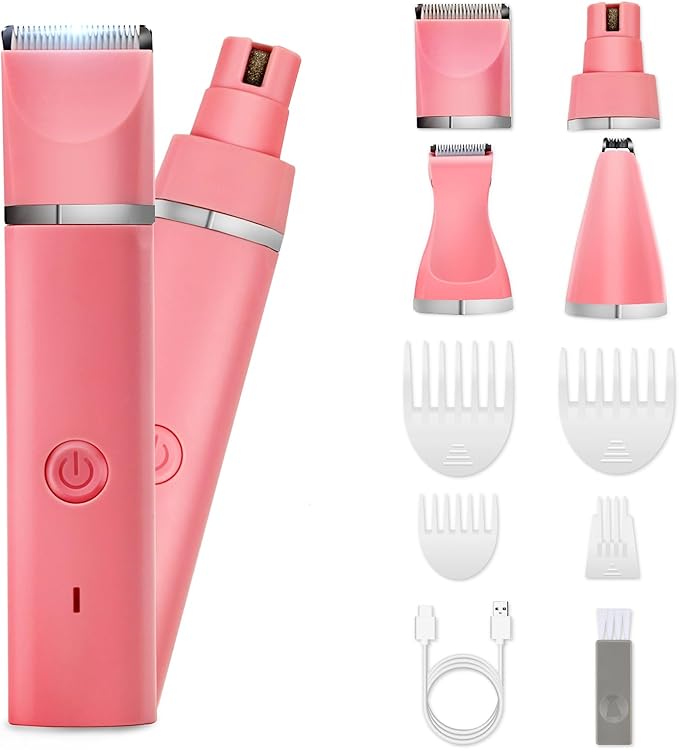 Dog Grooming Clippers Kit-Electric Rechargeable Cat Trimmer Tools-Cordless Quiet Pet Nail Paw Grinder-4 in 1 Multifunctional Low Noise Shaver-Razor for feet Face Ears Toenail Eye（Pink） - Bloomnest