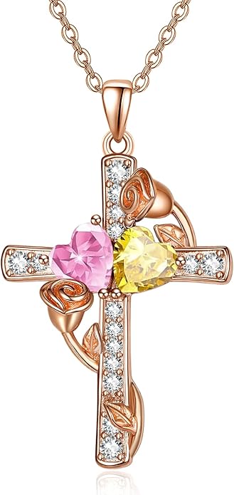 Rose Gold Dual Birthstones Cross Necklace for Women Rose Flower Jewelry Anniversary Christmas Mother's Valentine's Day Birthday Gift for Wife Girlfriend Mom - Bloomnest