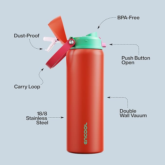 Insulated Water Bottle with Straw - Encool Stainless Steel Water Bottle with Push Button Lid, Leak-Proof & BPA-Free, Keeps Cold for 24 Hours for Sports, Travel, Gym (32 oz, Grapefruit Red) ENCOOL