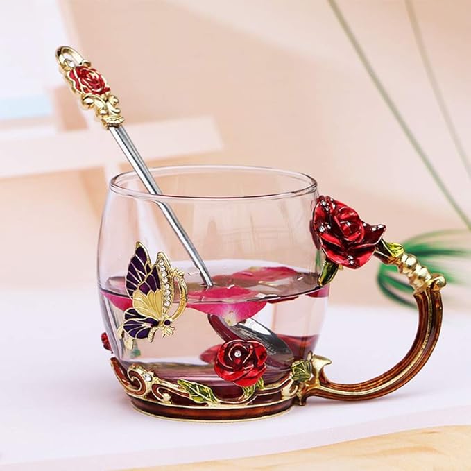 Luka Tech Enamel Butterfly flower Lead-free Glass Coffee Mugs Tea Cup with Steel Spoon, personalised Gifts For Women Wife Mom Girl Teacher Friends Birthday Mothers Valentines Day Wedding (Rose) - Bloomnest