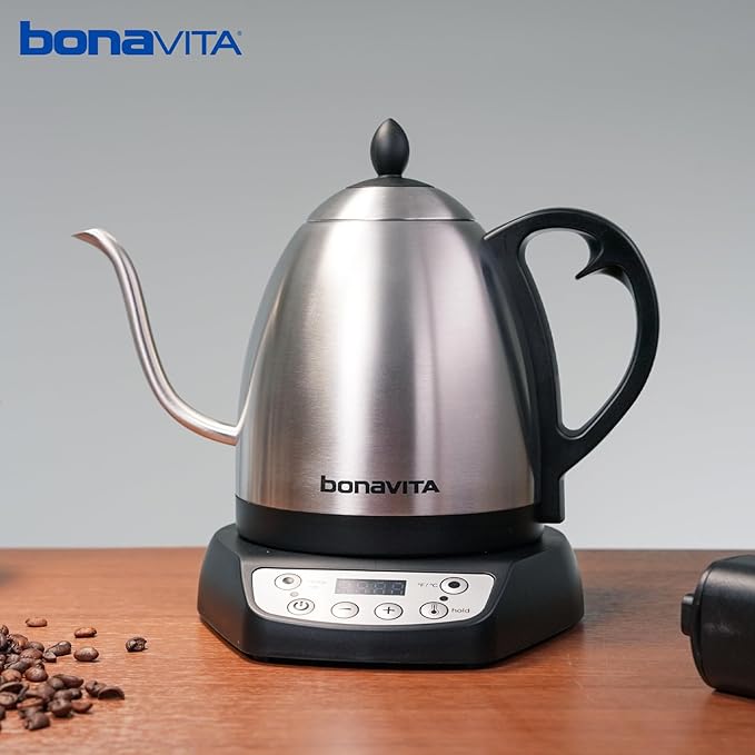 Bonavita 1L Digital Variable Temperature Gooseneck Electric Kettle for Coffee Brew and Tea Precise Pour Control, 6 Preset Temps, Café or Home Use, 1200 Watt, LED Panel, Stainless Steel - Bloomnest