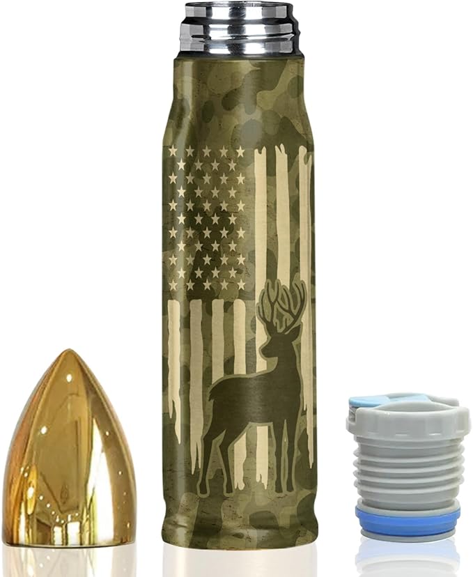 Deer American Flag Camouflage 17oz Stainless Steel Bullet Tumbler - Deer Hunting Gifts for Men - Unique Birthday Fathers day or Christmas Gifts for Hunters - Bloomnest