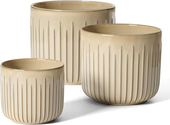 LE TAUCI Fluted Ceramic Planters Set of 3 – 8.3/7 / 5.7 in Cloud Cream Reactive Cylinder Indoor Plant Pots with Drainage Plug & Mesh, Glossy Stoneware Flower Pots for Succulents Herbs - Bloomnest