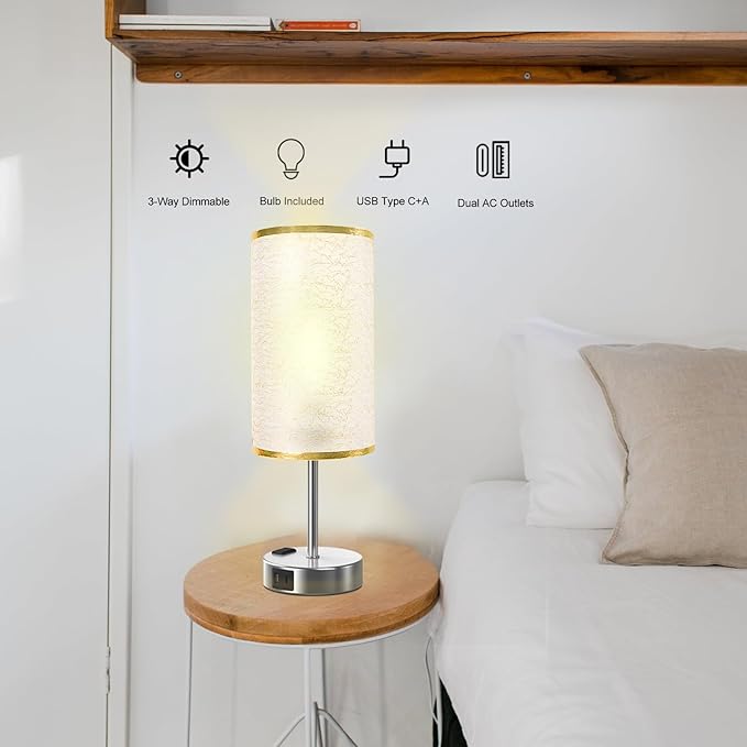 Table Lamp for Bedroom with Touch Control,Bedside Lamp with USB C+A Charging Ports& AC Outlets, Adjustable 3color LED Light for Home Decor/Nightstand/Bedroom/Office,Included Bulb and Fabric Lamp Shade - Bloomnest