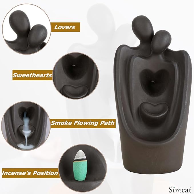Simcat Backflow Incense Burner Handicraft Hugging Lovers Incense Waterfall Burner Ceramic Incense Holder Censer Romantic Home Decor +20 Backflow Incense Cones 30 Incense Sticks 1 Tweezer 1 Mat - Bloomnest