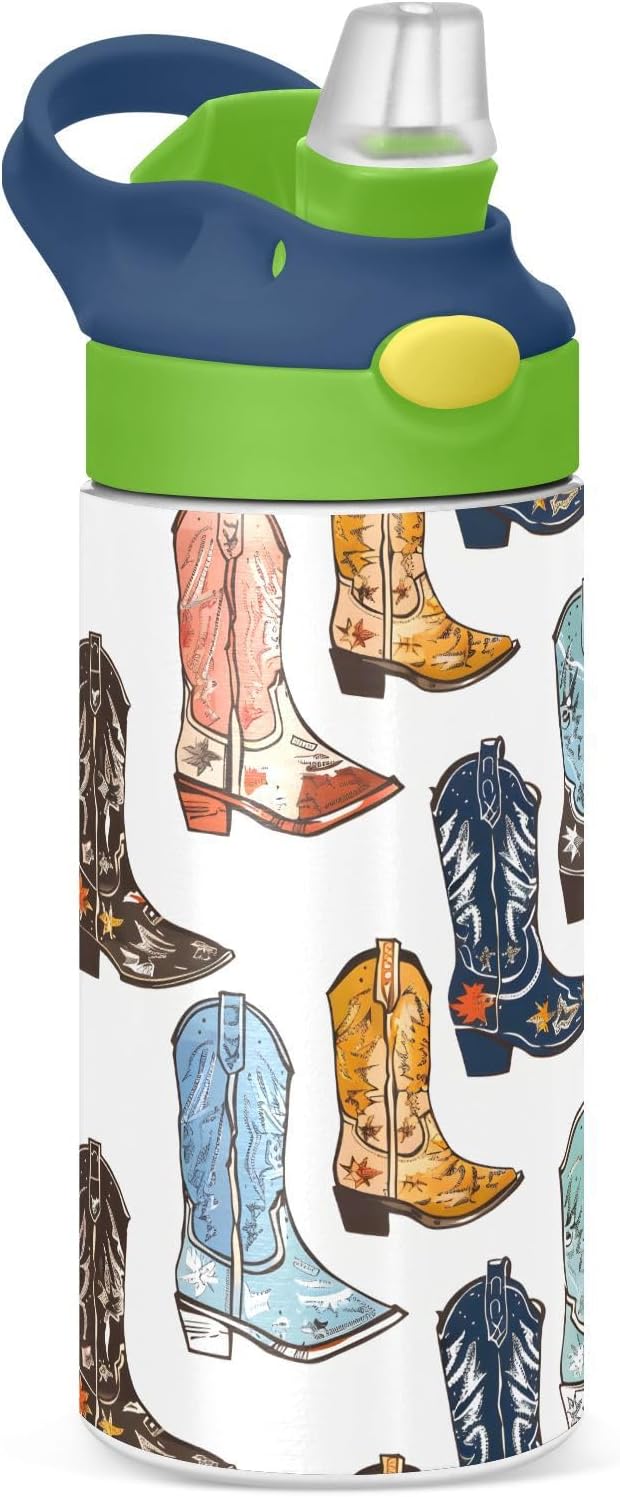Cowboy Boots Kids Water Bottle with Straw Lid Insulated Tumbler with Handle Stainless Steel Reusable Toddlers Cup for Kids Boys 12 oz - Bloomnest