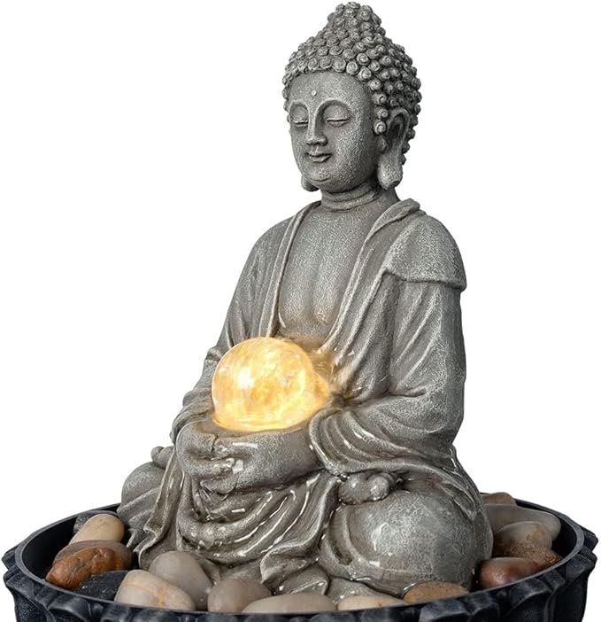 Kalona Tabletop Buddha Waterfall Fountain, Meditating Buddha Zen Fountain with LED Glass Orb, Relaxing Desk Water Feature for Home Office Decor(21127B) - Bloomnest