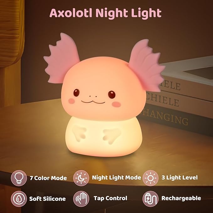 Axolotl Night Light for Kids, Rechargeable LED Silicone Lamp with 7 Colors Changing, Adjustable Brightness, Touch Control, Cute Room Decor, Bedside Nightlight, Birthday Gifts for Boys and Girls - Bloomnest