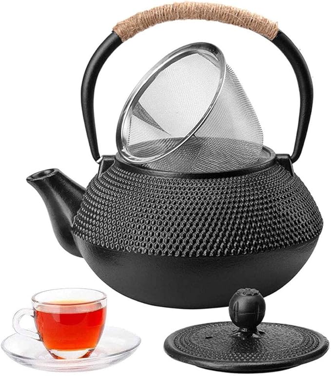 HwaGui Japanese Tetsubin Cast Iron Teapot, Iron Tea Pot with Infuser for Loose Tea, Cast Iron Tea Kettle Stovetop Safe, Teapot Coated with Enameled Interior, 600ml/20oz