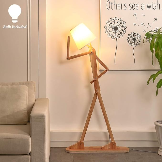 Cool Tall Floor Lamp for Living Room Bedroom Farmhouse - Corner Decorative Reading Standing Light Wood Creative Swing Arm Arc Design Gift for Kids/Boys/Girls Bedside - with LED Bulb (Ash) - Bloomnest