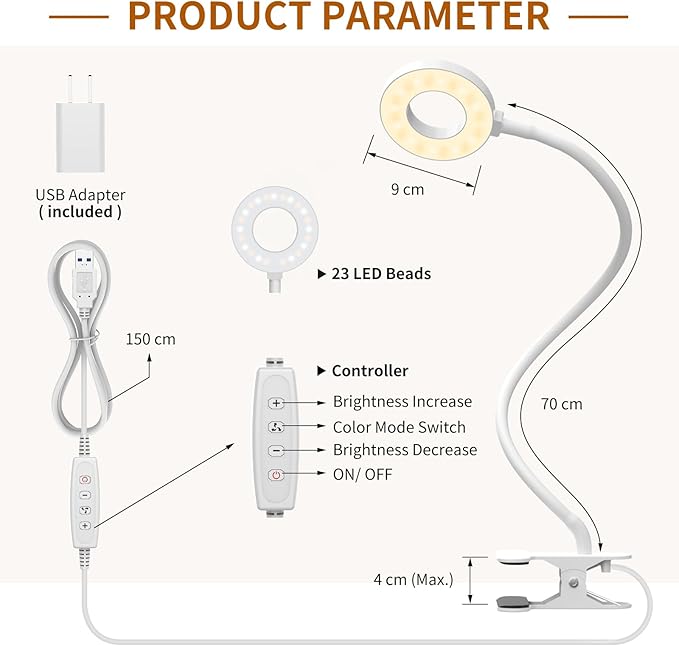 iZELL Book Light, Clip on Reading Light with Flexible Gooseneck, Dimmable LED Lamparas Clamp on Workbench Desk for Studying Painting Crafting Drawing Makeup Nail Tech Puzzle Task - 27.6‘’ White - Bloomnest