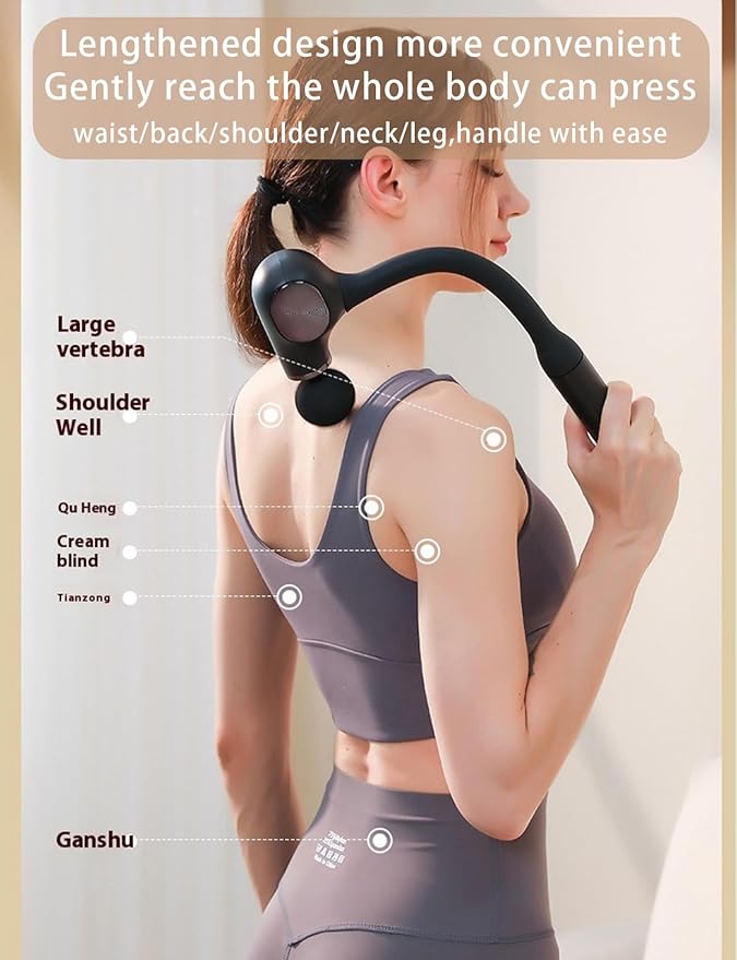 Deep Tissue Massage Gun with Bend Handle, 12MM Percussion, 4 Replaceable Heads, Less-Shock Design for Back, Neck, Foot, Leg, Shoulder - Bloomnest