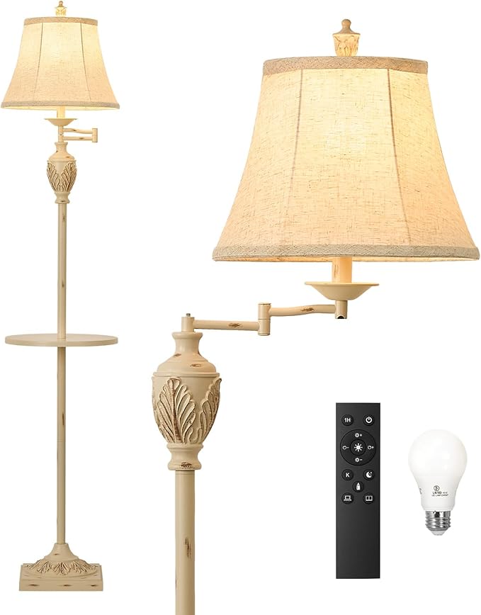 Traditional LED Floor Lamp with 350° Adjustable Swing Arm Lamp – Vintage Standing Pole lamp for Living Room, Bedroom and Office – Rustic Upright Floor Light for Home Décor with Silk Fabric Shade - Bloomnest
