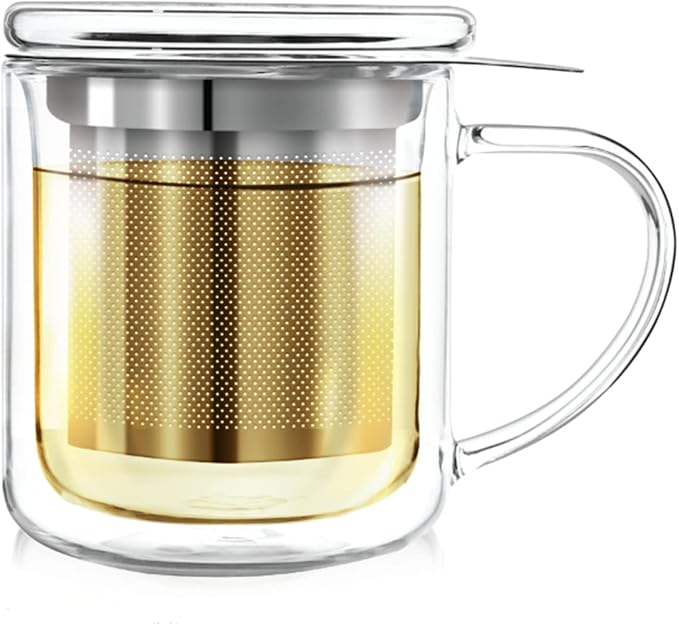Teabloom Personal Tea Maker - Insulated Heatproof Glass Cup with Loose Tea Infuser and Lid/Coaster – Tea Connoisseur's Choice – Borosilicate Glass Infusion Mug (8 Oz) - Bloomnest