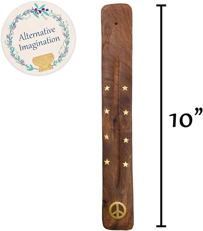 Incense Holder with Peace Sign - Wooden Tray Incense Burner Holder with Brass Inlay - for Incense Sticks, Meditation Accessories, Room Decor - 10 Inches - Bloomnest