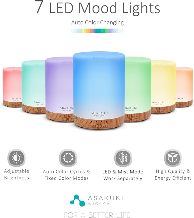 ASAKUKI 300ML Essential Oil Diffuser, Quiet 5-in-1 Premium Humidifier, Home Fragrance Aroma Diffuser with 7 LED Color Changing Light and Auto-Off Switch -Light Brown - Bloomnest