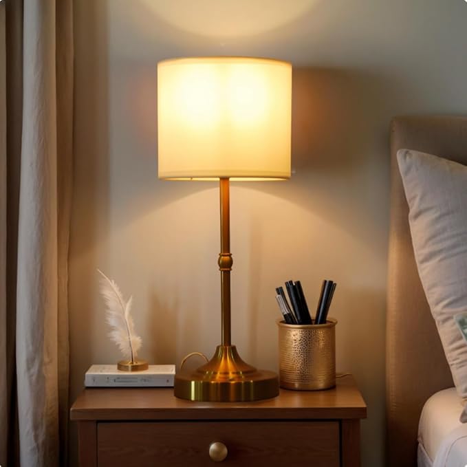 Rechargeable Table Lamp, Cordless Touch Lamps, Portable Desk Light with Stepless Dimmable Brightness & Fabric Shade for Nightstand Bedside Living Room (Gold, Straight) - Bloomnest