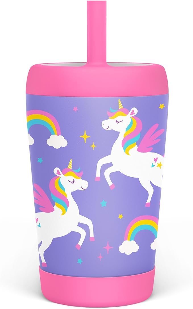 Kid Insulated Stainless Steel Tumbler with Silicone Straw, 12oz Sippy Cup for Kids (Unicorn) - Bloomnest