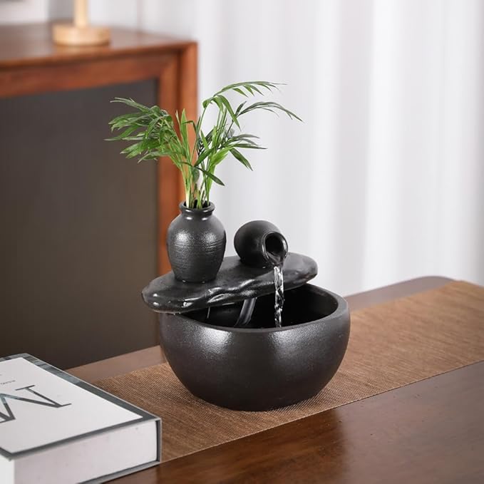 Ceramic Tabletop Fountain for Indoor and Home Decoration Table Desk Office Patio (Ceramic Pot Fountain) (Black) - Bloomnest