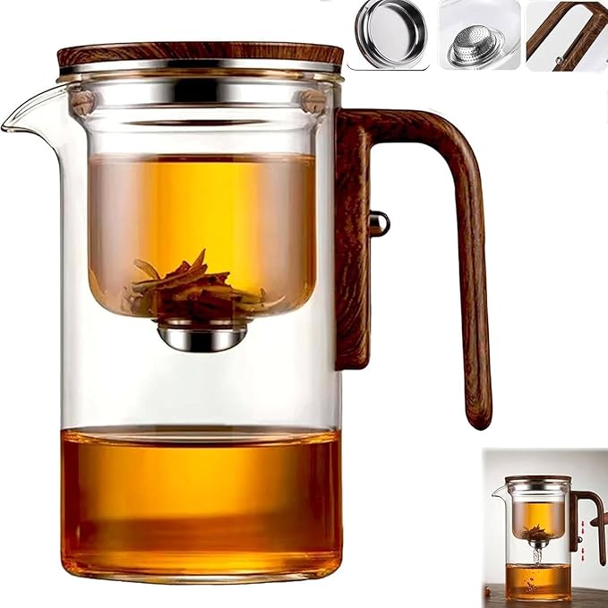 Enchantipot Magic TeaPot, 720ML Water Separation Glass Tea Pot with Wooden Handle, Press Control Magic Tea Infuser, For Loose Tea Kettle Witchcraft Teapot