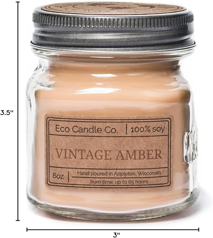 ECO CANDLE CO. Mason Jar Candle, Vintage Amber, 8 oz. - Scents of Wood Resin, Nutmeg, Cinnamon, & Vanilla - 100% Soy Wax, No Lead, Kraft Label & Antiqued Pewter Lid, Hand Poured, Midwest Soybeans - Bloomnest