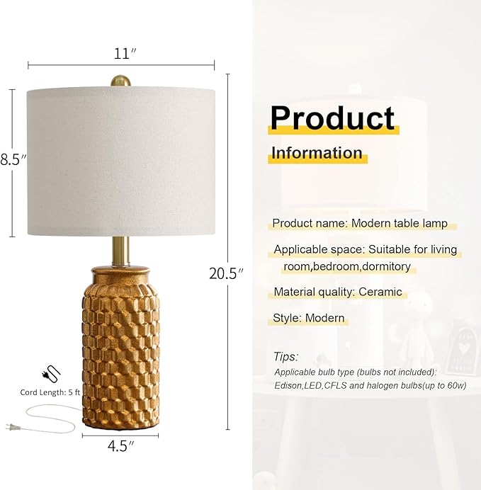 20.5" Gold Modern Ceramic Bedside Lamp Set of 2 for Bedroom Decor Farmhouse Table Lamp for Living Room Office Dorm - Bloomnest