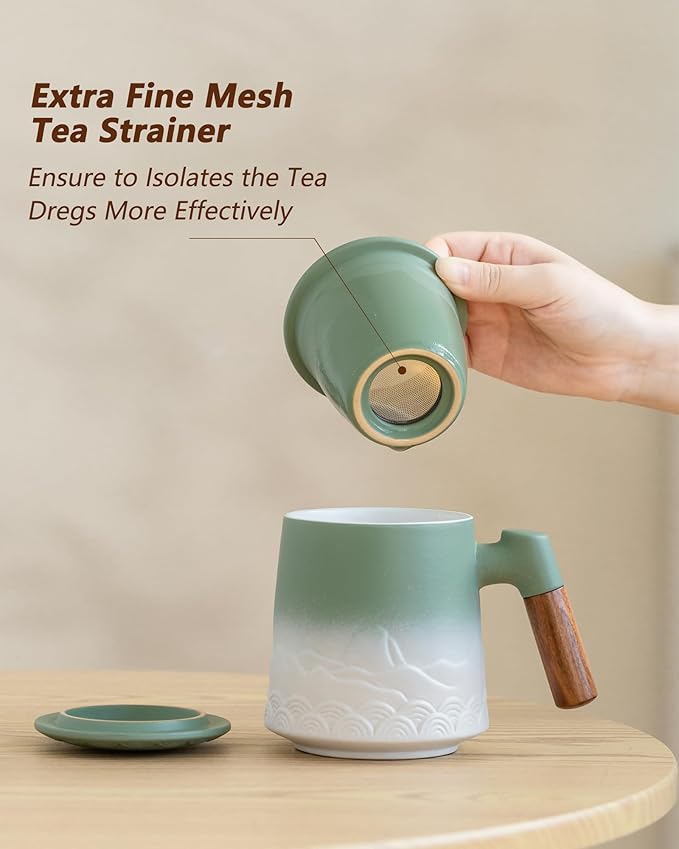 ZENS Tea Mug with Infuser and Lid for Loose Leaf Steeper, 16.9 oz Embossed Ceramic Tea Cup with Fine Tea Strainers, Wood Handle Large Tea Diffusers Mugs for Tea Lovers Gifts