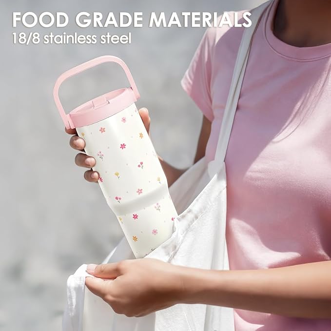 SANDJEST Floral Stainless Steel Straw Lid Tumbler 30oz with Carry Handle for Women Girls, Insulated Travel Coffee Cup, Gift for Sports Outdoor Workout Christmas Birthday - Bloomnest