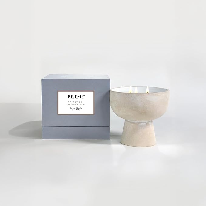 BLUEME Spiritual-Palo Santo & Vetiver, 2 Wick, Refillable Wellness Candle, Contains Essential Oil, Sustainable, Hand Finished, Hand Poured, Premium, Luxury Ceramic, Natural Cotton Wick, Soy-Wax Blend - Bloomnest