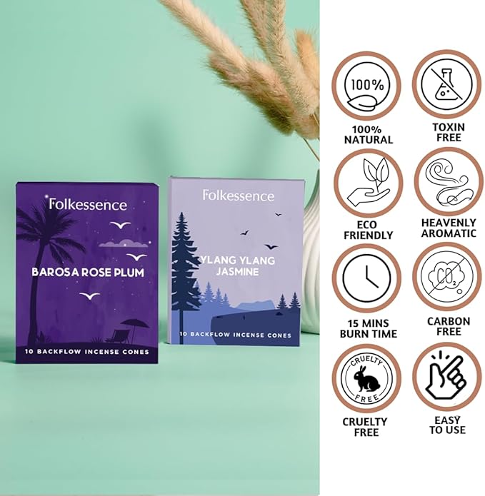 Folkulture Backflow Incense Cones (20 Cones) | Set of 2 Waterfall Insence Cones For Calm & Relax,Deep Sleep, Aromatherapy | No Charcoal, Organic, Non Toxic Ylang Ylang & Jasmine Scented Inscents-Cones FOLKULTURE